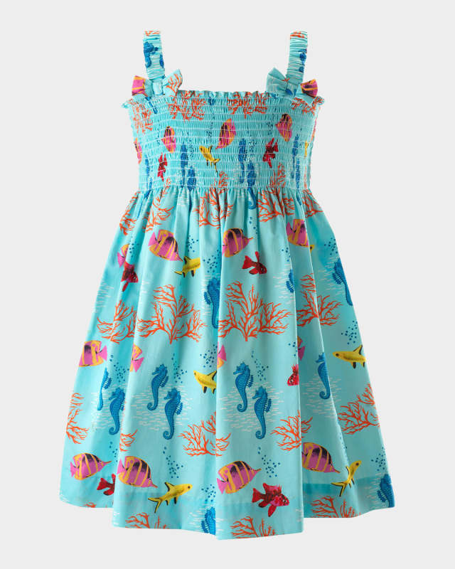 Girl's Coral Reef-Print Smocked Sundress, Size 2-